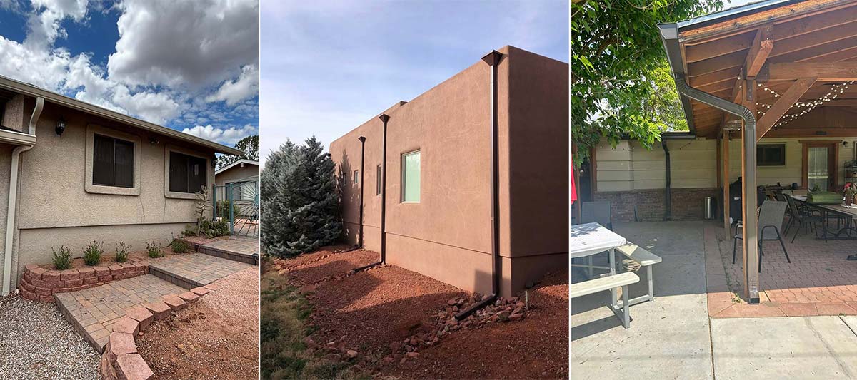 Residential gutter drainage systems in Arizona showing downspouts directing water away from foundations and patio areas across different property types